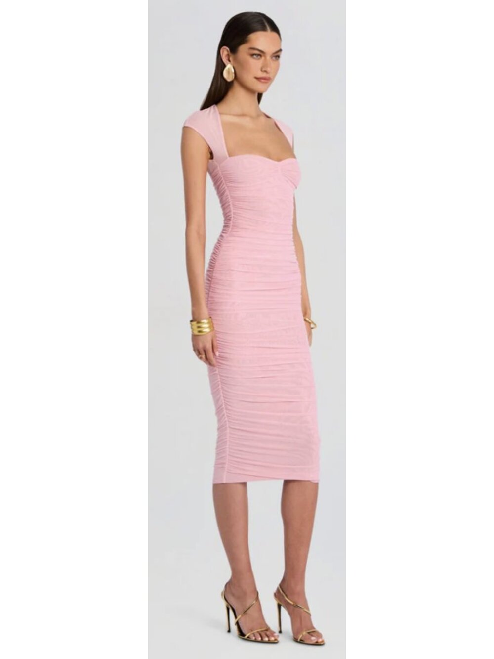 SER.O.YA Kylie Mesh Midi Dress in Coral Blush Ruched Medium Evening Bodycon